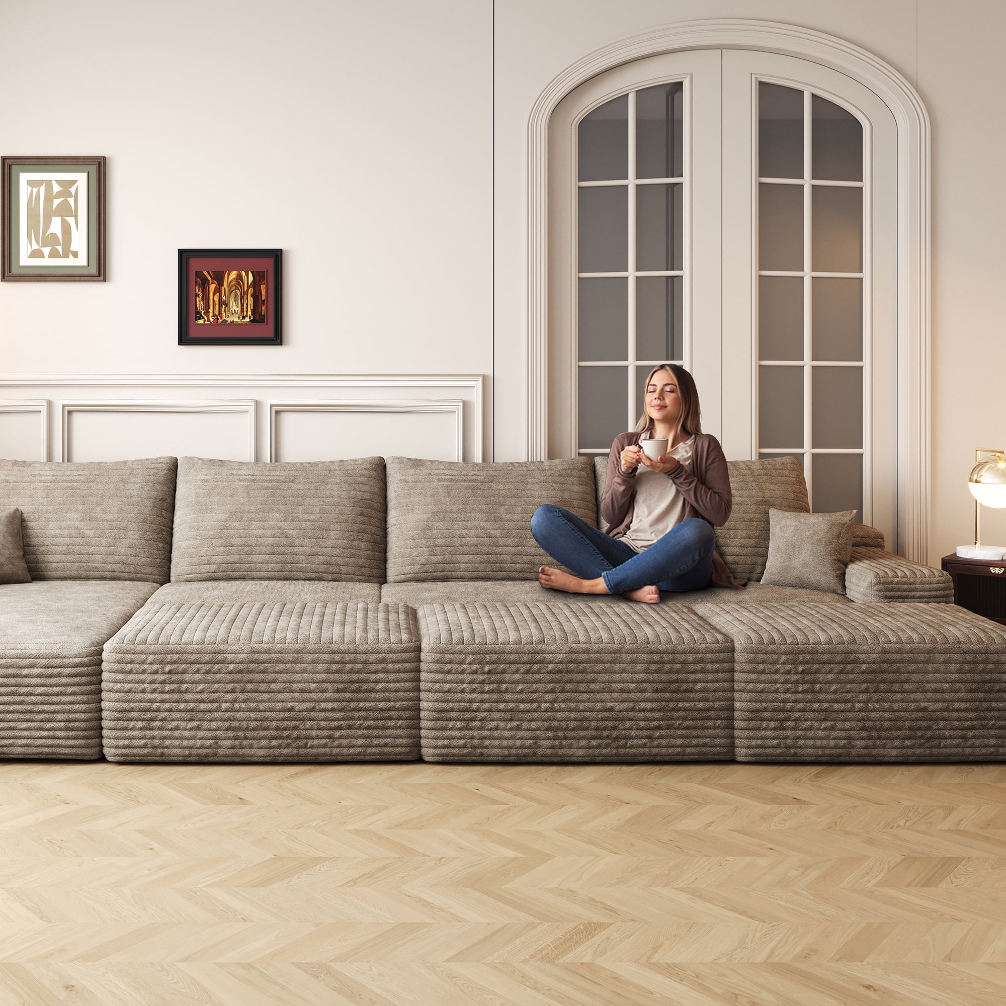 MAYEERTY 135" Large Modular Cloud Sofa Bed, 6-Seater Living Room Sofa, No Assembly Plush Corduroy Fabric, Camel (6 packages)