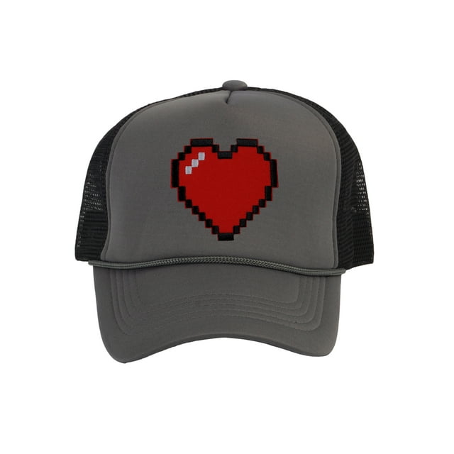 Men's 80's Retro Large 8 Bit Pixelated Heart Gamer Trucker Hat, Black/Dark Grey