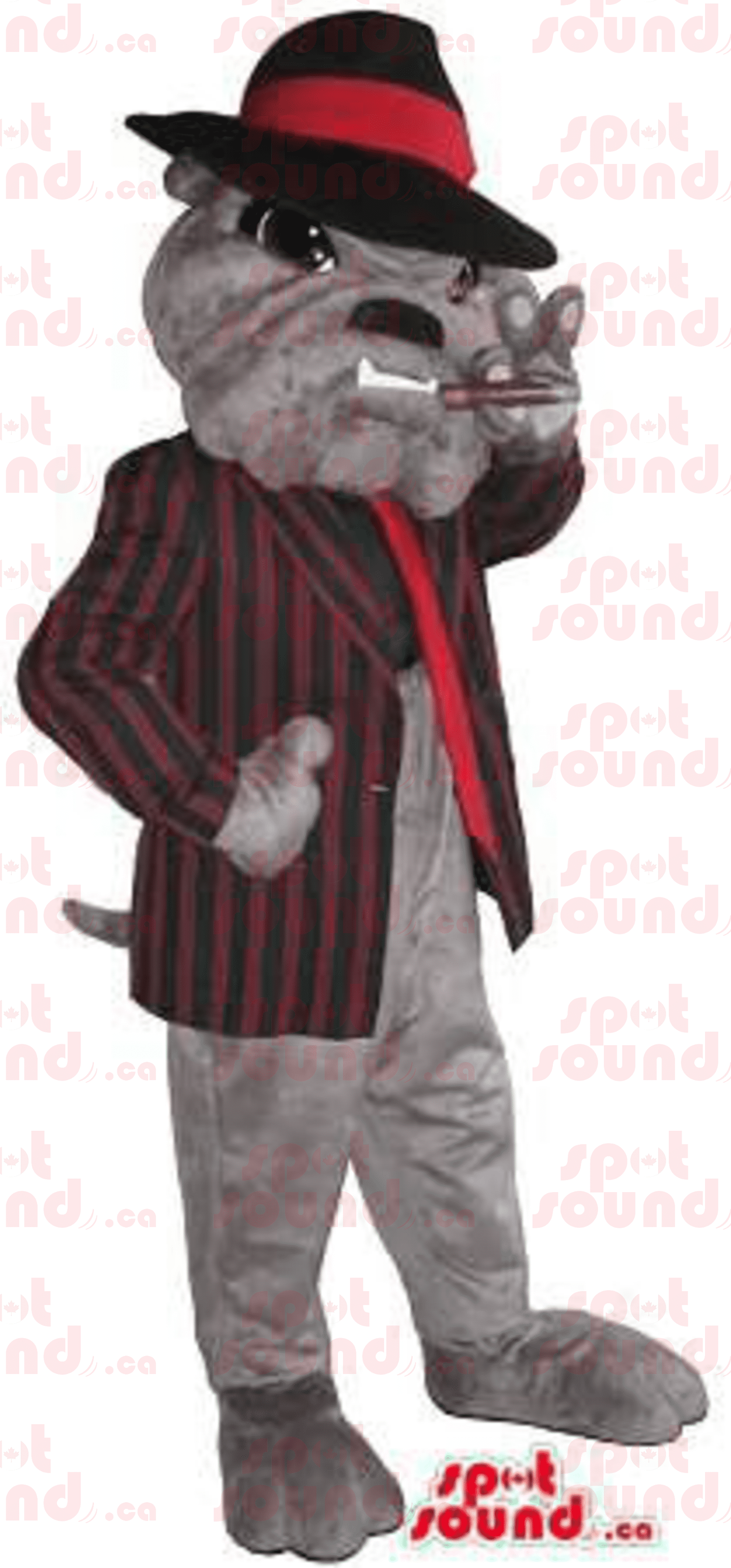 Bulldog Plush SPOTSOUND Mascot Dressed In Gangster Gear Smoking A Cigar