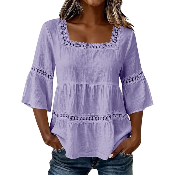QQZ Women's Cotton Linen 3/4 Sleeve Blouse Square Neck Eyelet Lace Trim Casual Loose Babydoll Tunic Tops Summer Peasant Shirts