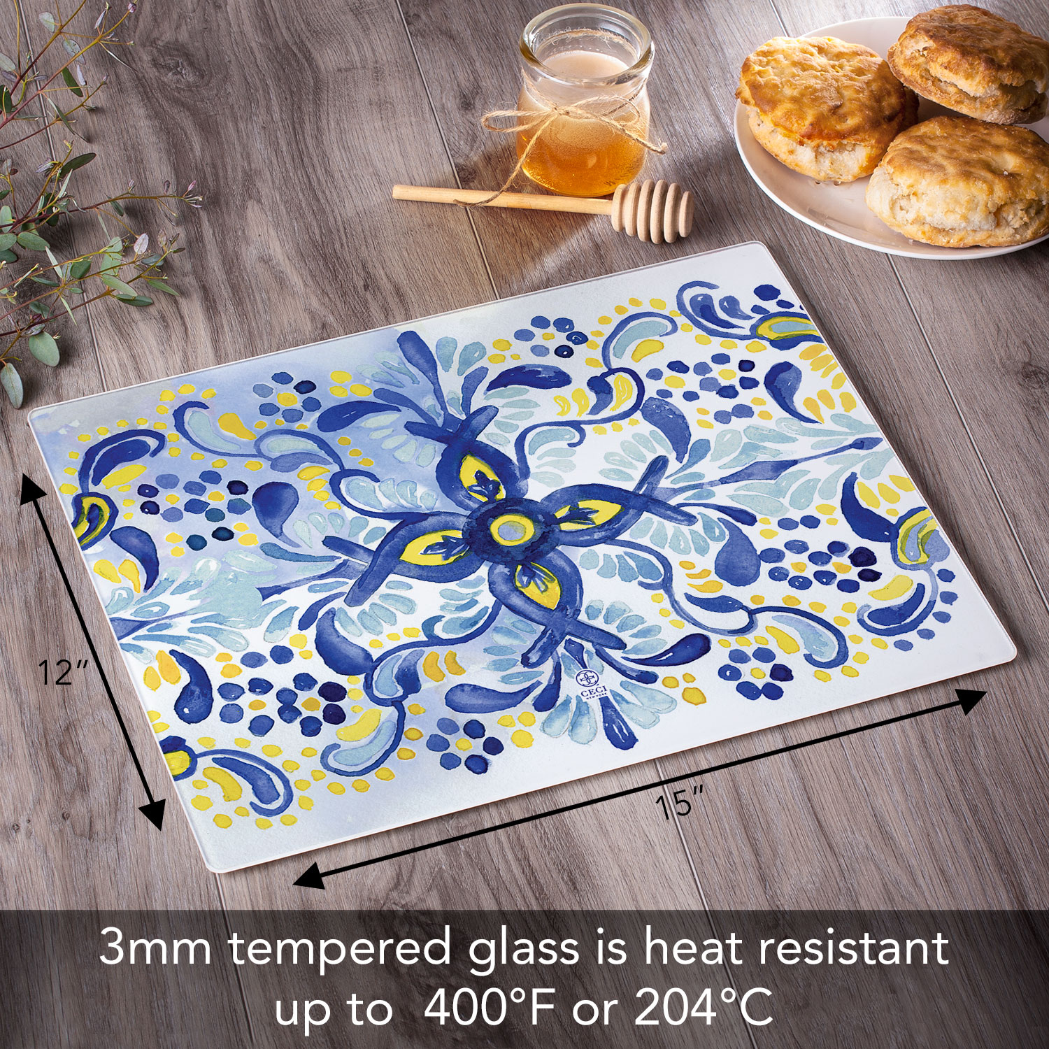 CounterArt Portugal Tile Pattern 3mm Tempered Glass Cutting Board 12" x 15"