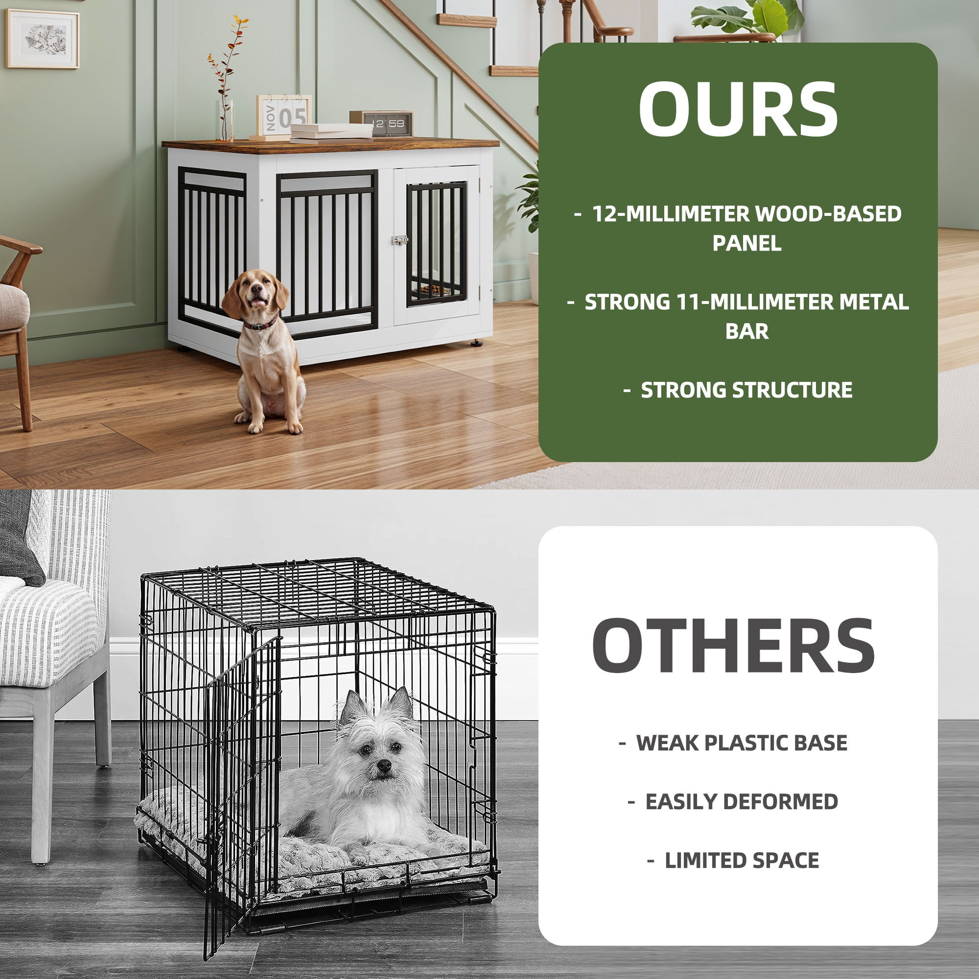 Uforic 35 inch Wooden End Table Dog Crate with Adjustable Feet and 2 Removable Bowls, White