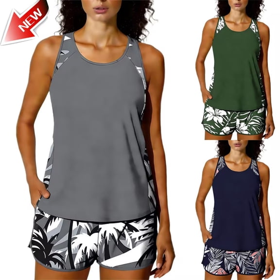 Taqqpue Tankini Swimsuit Tummy Control Blouson Two Piece Bathing Suit for Women Tank Top with High Waist Boy Shorts Swimwear