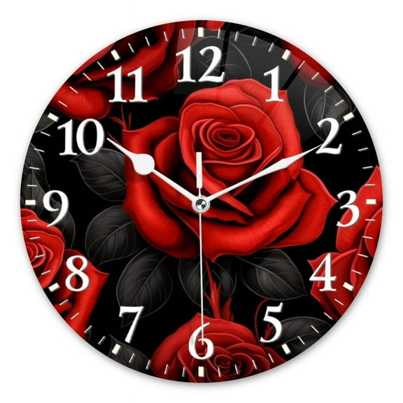 Non-Ticking Silent Wall Clocks Battery Operated Personalized Decor Clock for Living Room,Bedroom-Red Roses In Vector Style(10inch)