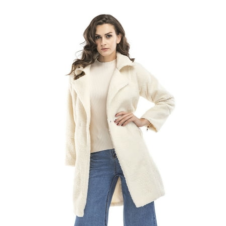 Open Trench - Winter Blended Coat Women Casual Long Open Front Coat Trench Button Cardigan, Creamy