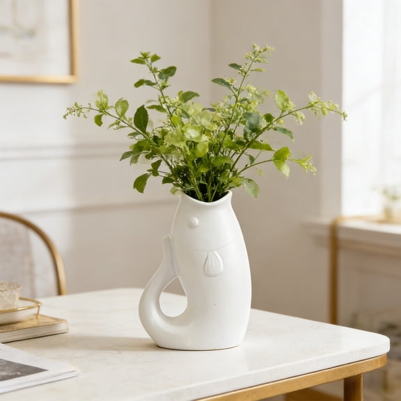 Djiypn Unbreakable Vase for Flowers, Fish Shaped Plastic Vase for Home Decor, Living Room, Table, White