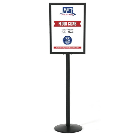 M&T Displays Sign Holder Stand, Black 18x24 Inch Poster Frame Double Sided Slide-In Aluminum Easy Loading Floor Standing Pedestal Advertisement Post Commercial Menu Holder Round Heavyweight Base