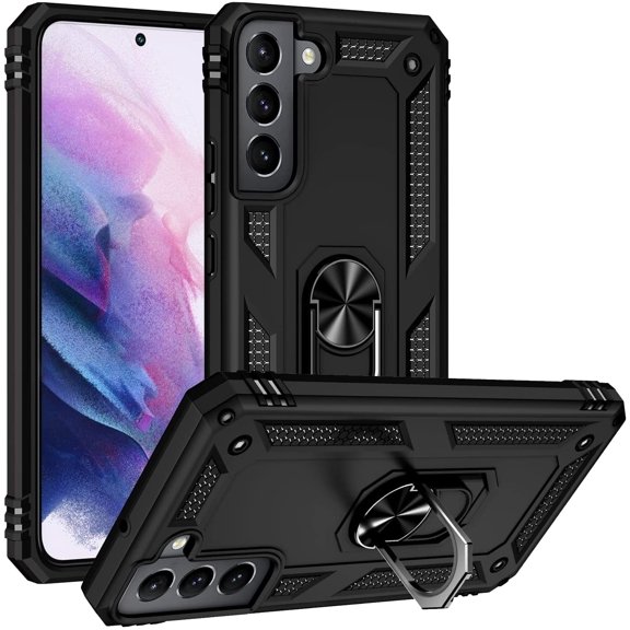 Military Grade Drop Impact for Samsung Galaxy S22 Case Galaxy S22 5G Case 360 Metal Rotating Ring Kickstand Holder Heavy Duty Shockproof Case for Galaxy S22 Phone Case (Black)
