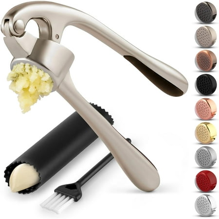 Zulay Kitchen Premium Garlic Press Set - Rust Proof & Dishwasher Safe Professional Garlic Mincer Tool - Easy-Squeeze, Easy-Clean with Soft, Ergonomic Handle - Silicone Garlic Peeler & Brush (Silver)