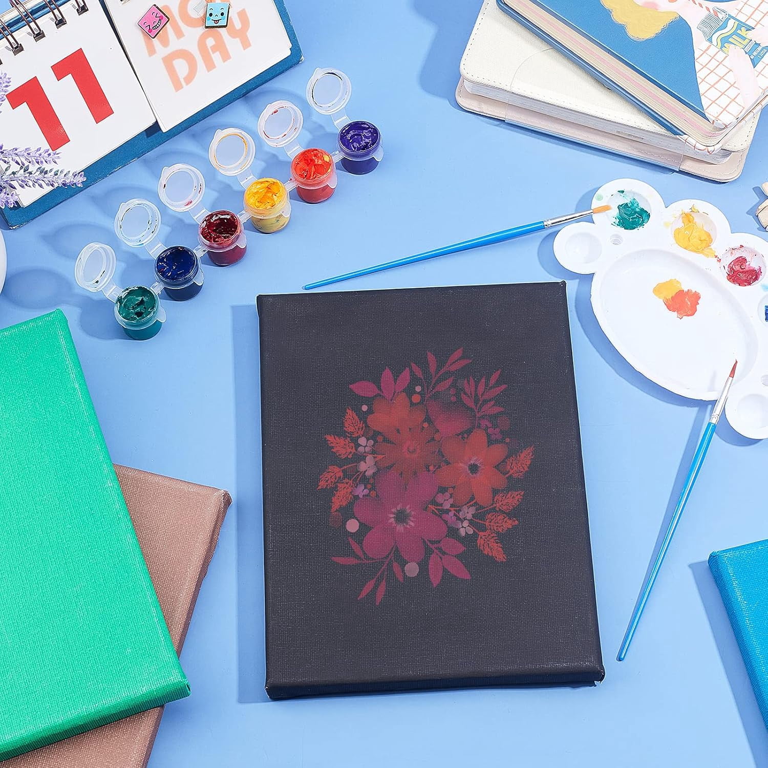 Painting & Drawing Supplie Sets Including Cotton Stretched Blank Canvas with Wooden Frame Plastic Paint Pots Strips & Brushes Pens Mixed Color 21x15x1.6cm 6 colors 1pc/color 6pcs