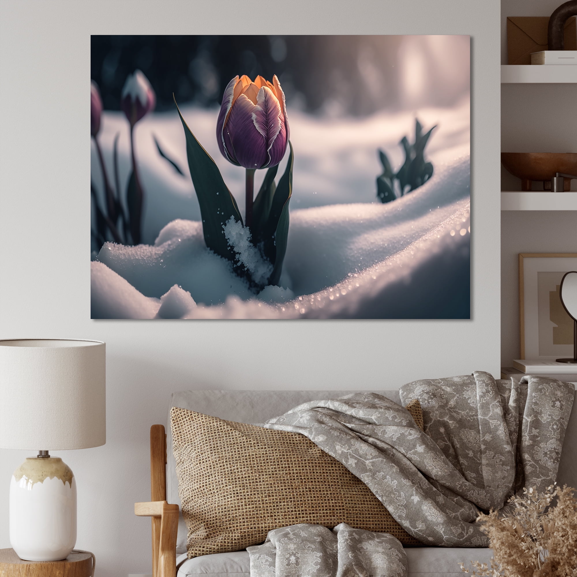 Designart A Blooming Purple Tulip Flower In Winter Canvas Wall Art