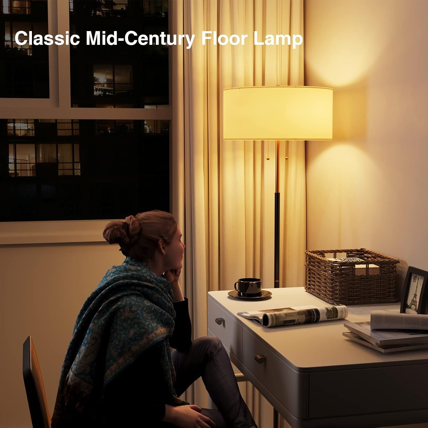 Floor Lamp, Floor Lamp with White Fabric Shade, Standing Lamp Tall Lamp for Living Room Bedroom, 3 Color Temperatures 9W Bulb Include