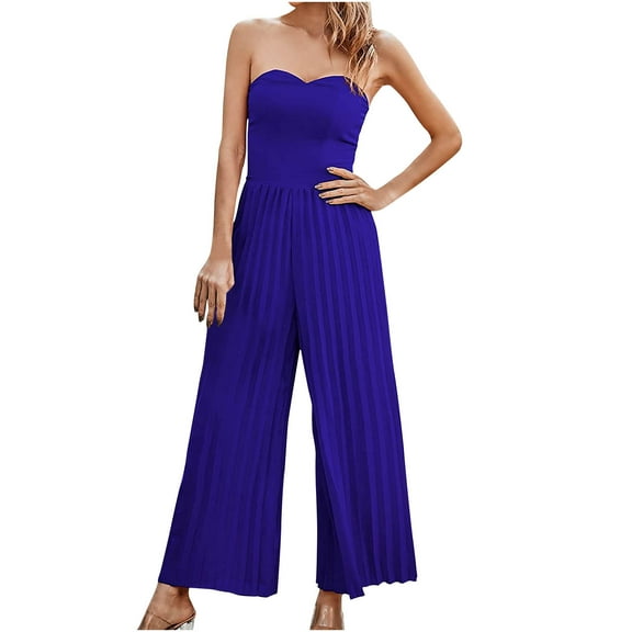 Edvintorg Jumpsuits for Women Dressy One Piece Off Shoulder Wide Leg Pants Romper Jumpsuits Solid Casual Lapel Belt High Waisted Jumpsuit Clubwear Blue L