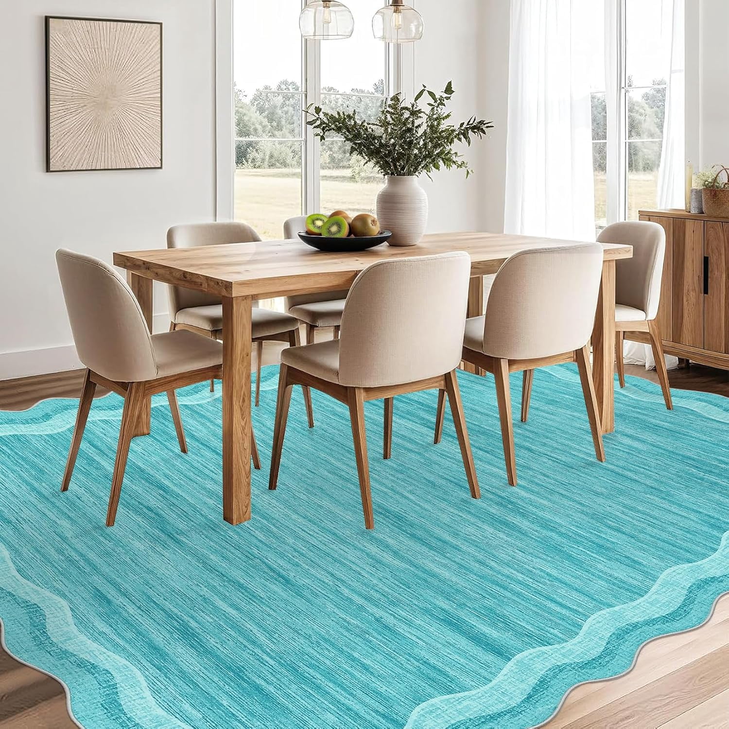 Low Pile Non Slip Area Rug Washable 5’x7’, Teal Scalloped Wavy Edge Indoor Carpet for Living Room Nursery Bedroom Office, Soft Neutral Home Decor, Teal
