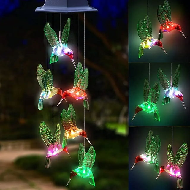 Carillón de viento colgante móvil para decoración del jardín del hogar, cambio automático de color de luz (colibrí) Carillón de viento solar de colibrí LED de dos piezas,