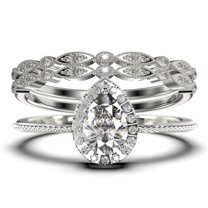 Art deco 2.00 Carat Vintage Pear Cut Diamond Moissanite Engagement Ring Set, Wedding Ring in 10k Solid White Gold, Gift For Her Promise Ring Trio set