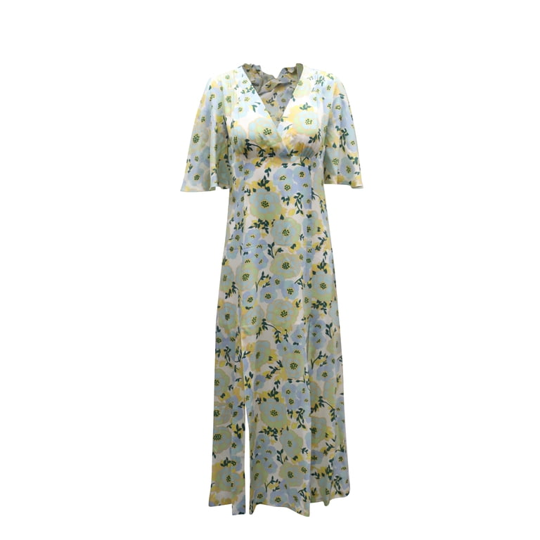 Pre-Owned Sandro Paris Bell Sleeve V-neck Floral Midi Dress in Light Blue  Silk Chiffon - Walmart.com