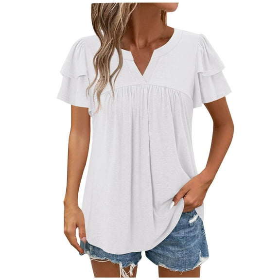 ZyeKqe Womens Tops Dressy Casual Double Layered Ruffle Short Sleeve Business Top Casual V Neck Pleated Loose Fitted Blouses