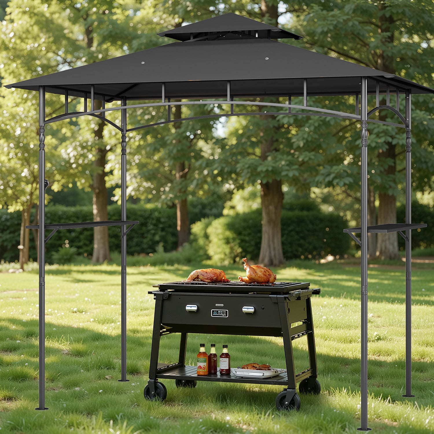 8'x5' Grill Gazebo,Asofer Double Tier BBQ Canopy with Vented Top, Outdoor Steel Frame Shelters with Shelves and Hooks for Backyard Patio,Dark Gray
