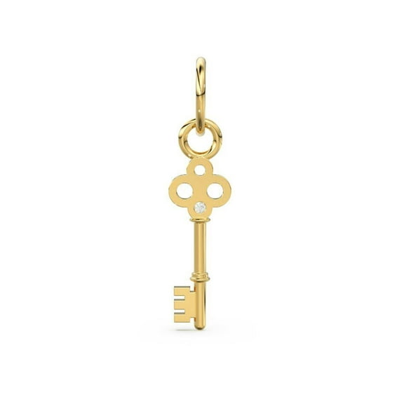 14K Solid Yellow Gold Key Charm Pendant Natural Diamond Small Key Pendant Charm.