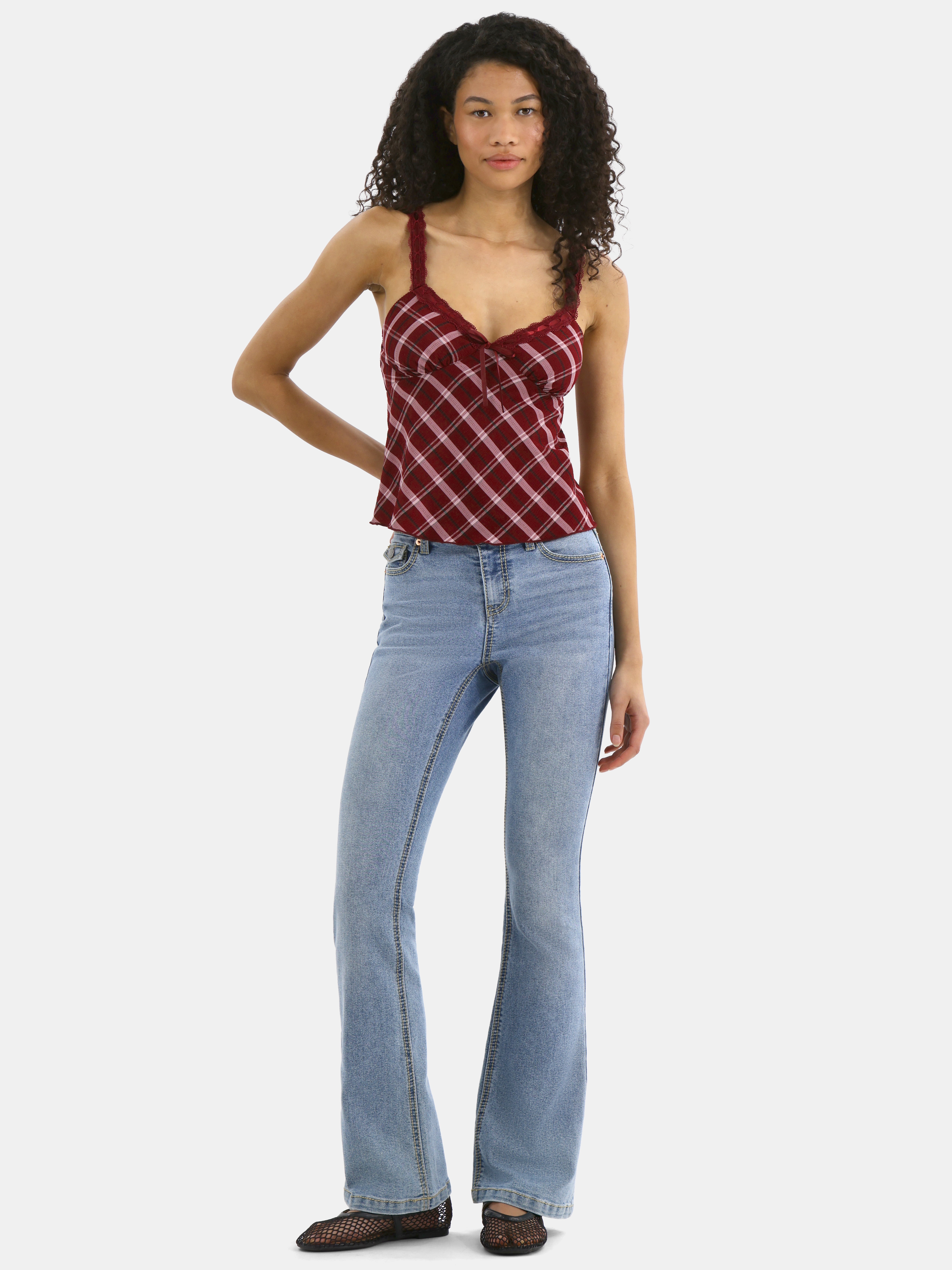 No Boundaries Woven Lace Plaid Cami, Women’s