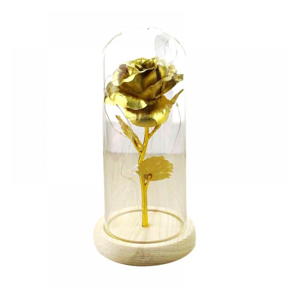 Anniversary Wedding Patgoal 24K Gold Artificial Gold Flowers with led Light String and LED Light String in Glass Dome On Wooden Base The Best Gift for Valentine’s Day Birthday Mother’s Day 