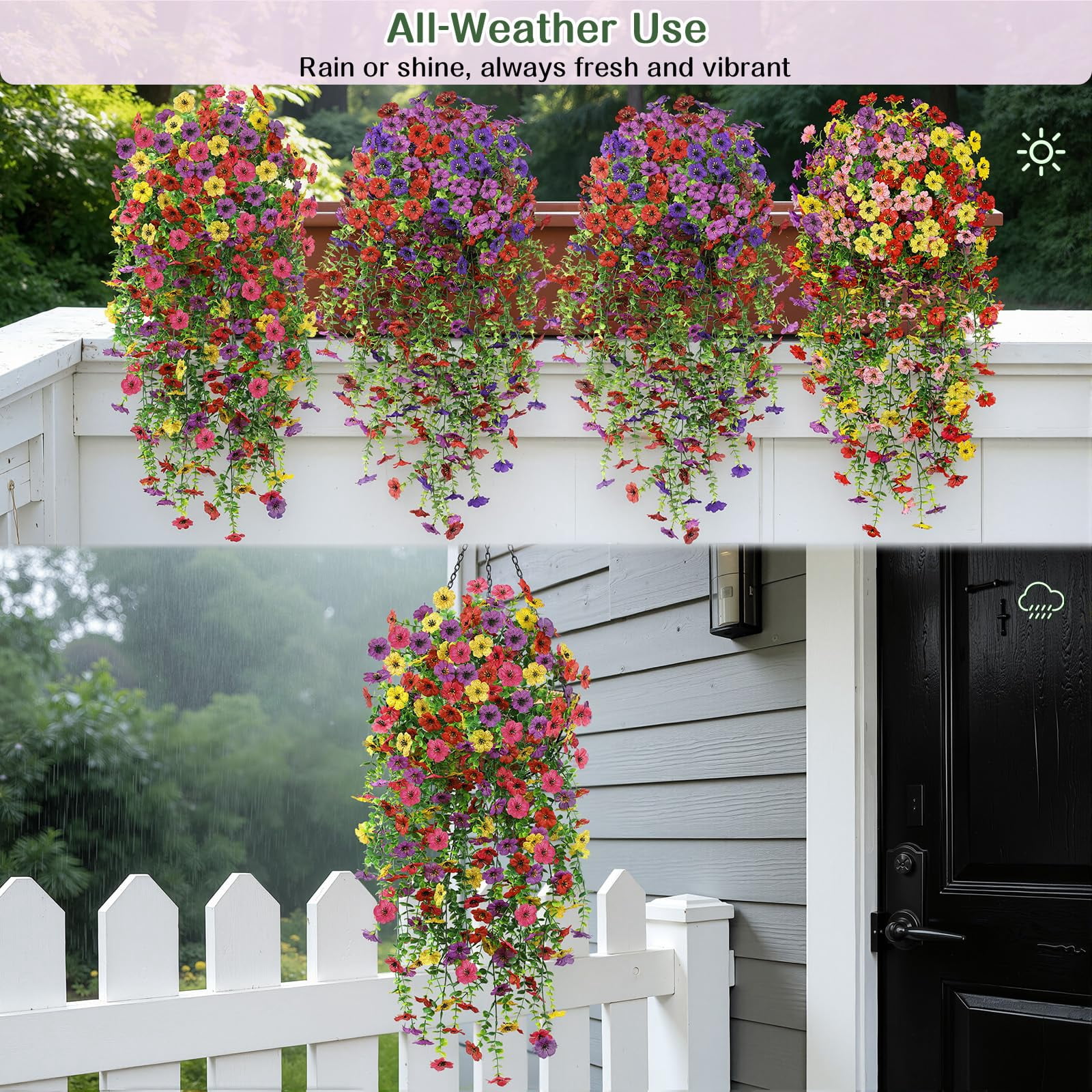 Alupssuc 4 Pcs Artificial Spring Flowers, UV Resistant Fake Hanging Plants Faux Silk Violets for Outdoors Decoration, Red, Rose, Purple, Yellow