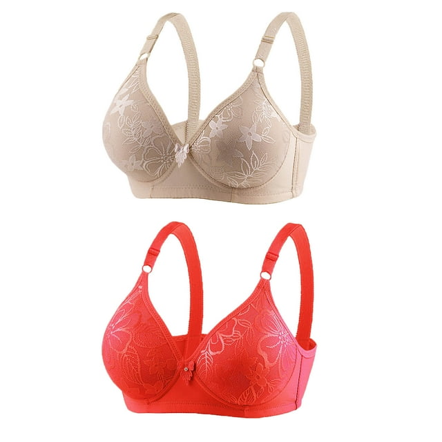 Bowake 2 Pack Wireless Full Coverage Plus Size Bras for Women Comfort Lace Bralettes Lift V Neck Bra Red