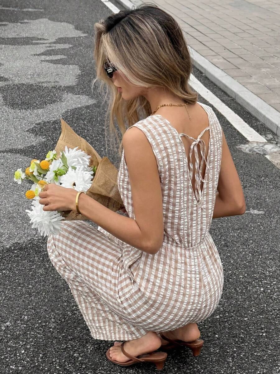 Women's Plaid Striped Sleeveless V-Neck Wide-Leg Jumpsuit,White Summer Boho Holiday Vacation Holiday Casual Elegant Party Wedding Graduation Formal