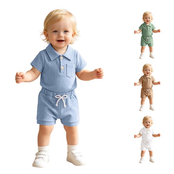 WERYOUNG Boys Summer Outfits Short Sleeve Ribbed Romper Bodysuit With Shorts Two Piece Gentleman Sets Weekend Activities Comfortable Clothing Sets 6-12 Months