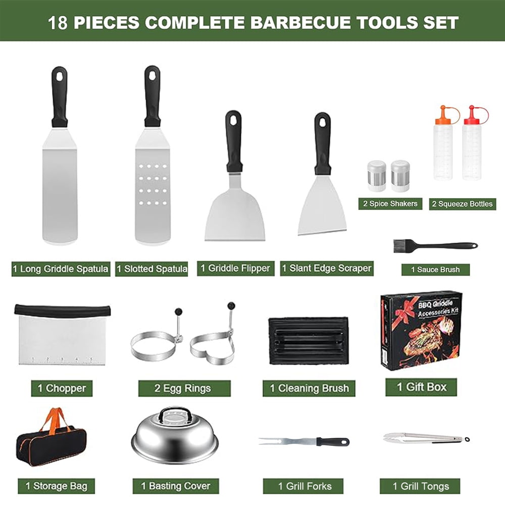 18PCS Griddle Accessories Kit, Flat Top Grill Accessories Set for Blackstone and Camp Chef, Griddle Tools with Extra Large Griddle Spatula and Griddle Grease Gate for Outdoor BBQ