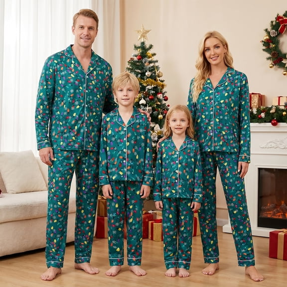 AIGUR Family Matching Christmas Pajama Set Christmas Family Matching Pajamas Set Snowflake and String Lights Print Long Sleeves Shirt and Pants for Soft Loungewear