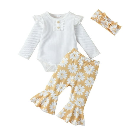

Dpytoraw Newborn Infant Girls Long Sleeve Ribbed Romper Bodysuits Flowers Prints Trumpet Pants Headbands Outfits Size 3-6 Months