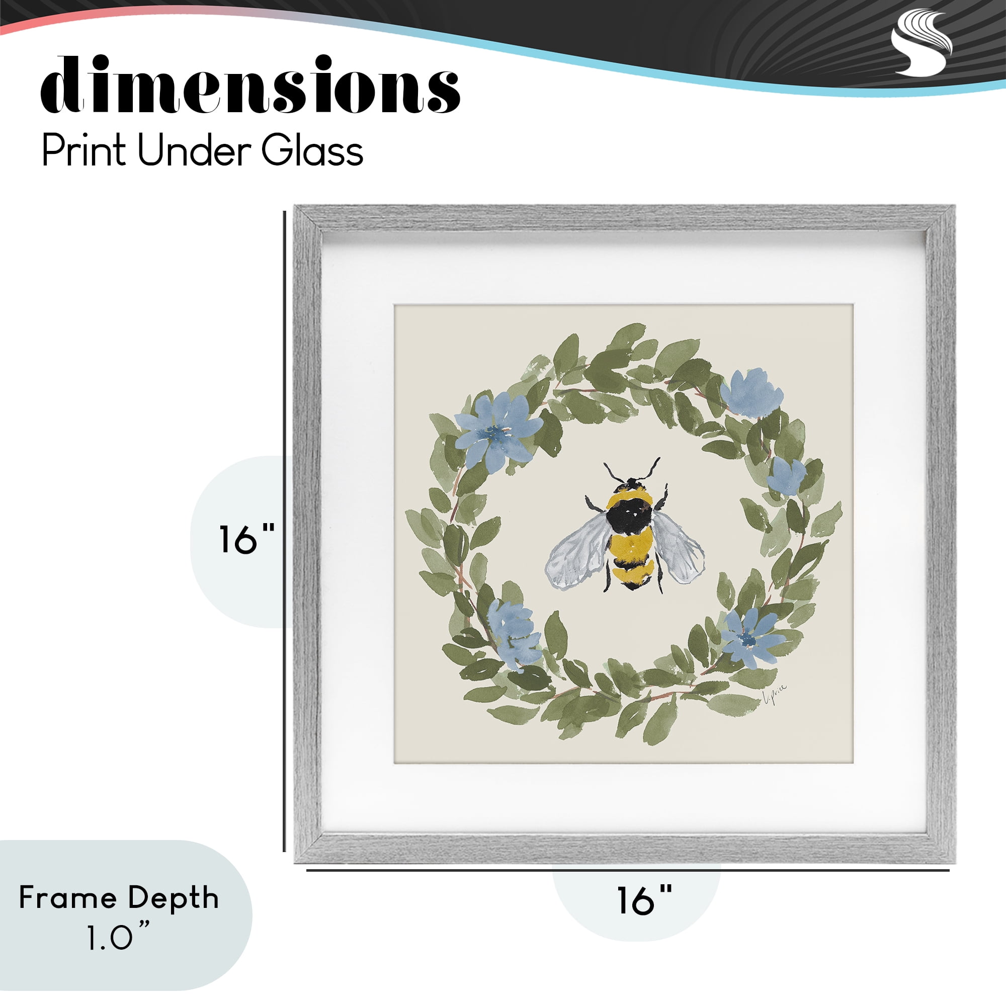 Stupell Industries Floral Wreath Bee Celebration Gray Framed Print Under Glass, design by Lucille Price
