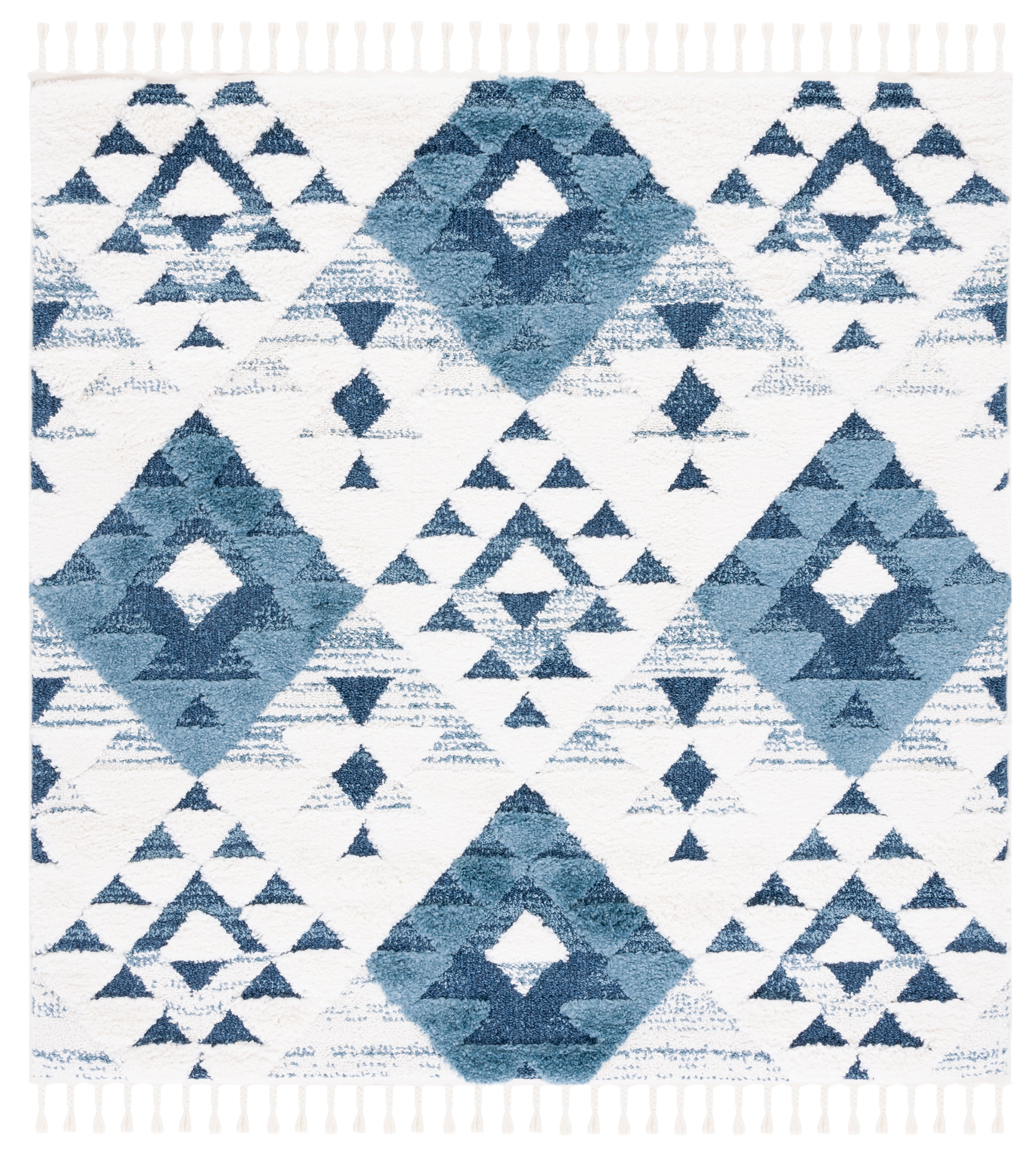Safavieh Moroccan Tassel Larry Geometric Shag Area Rug, Blue/Ivory, 10' x 10' Square