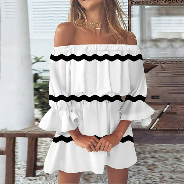 WILLBEST Vestidos para Mujer Verano Vestidos de Verano para Mujer Playa Sexy Hombros Descubiertos Túnica Casual Suelto Ajuste Manga Mini Vestido Floral Extra Grande