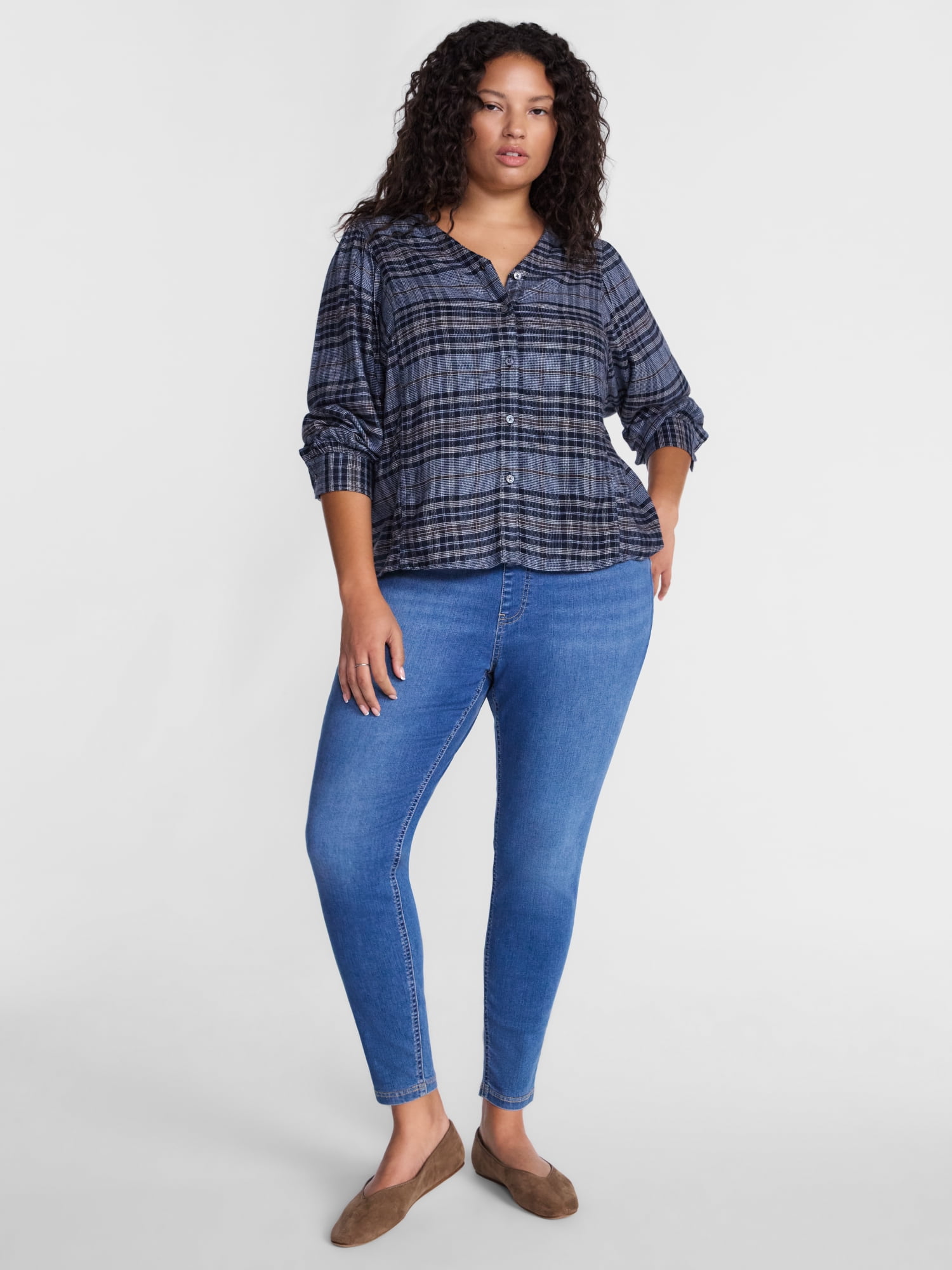 Terra & Sky Women's Plus Button Front Woven Shirt with Long Puff Sleeves, Sizes 0X- 5X