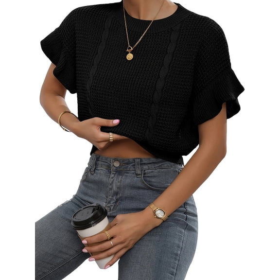 Gynyvoja Women'S Ruffled Short Sleeve Round Neck Knitted Top Pullovers Sweater