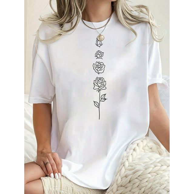 T-Shirt Décontracté à Imprimé Floral et Feuilles pour Femmes - Col Rond Confortable, Manches Courtes, Mélange de Polyester Extensible, Lavable en Machine - Parfait pour la Fête des Pères, Fête des Mères, Nouvel An, Festival de Printemps, Vale