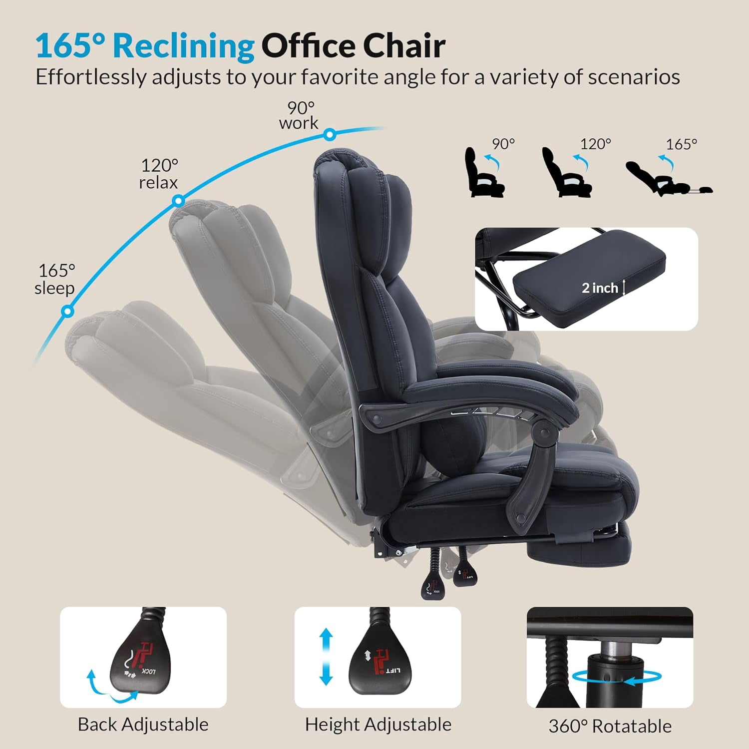 Morufur Leather Office Chair with Foot Rest, Office Chair 400LBS Wide Seat Ergonomic Computer Desk Chair with 360 Swivel High Back Executive Leather Chair Adjustable Task Chair, Black