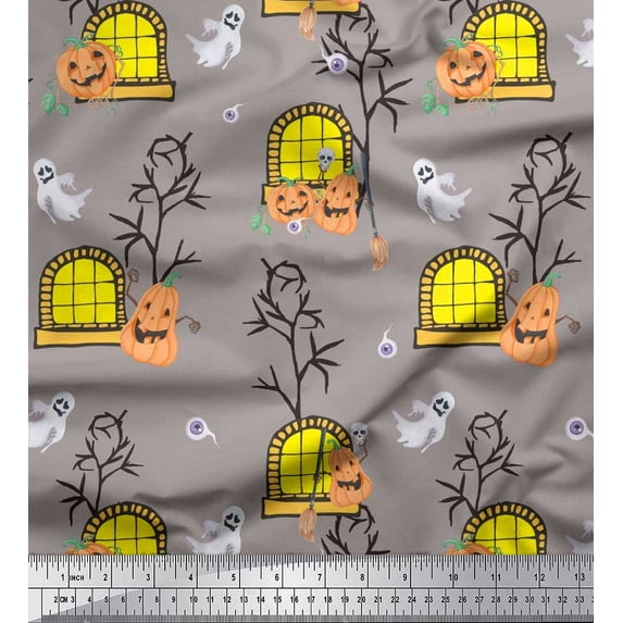 Soimoi Viscose Chiffon Fabric Haunted House,Pumpkin & Ghost Halloween Print Sewing Fabric Yard 42 Inch Wide