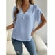 thumbnail image 3 of Camisa informal de manga corta para mujer para uso diario, azul claro, talla S, blusa con escote en V y volantes de encaje, 3 of 8