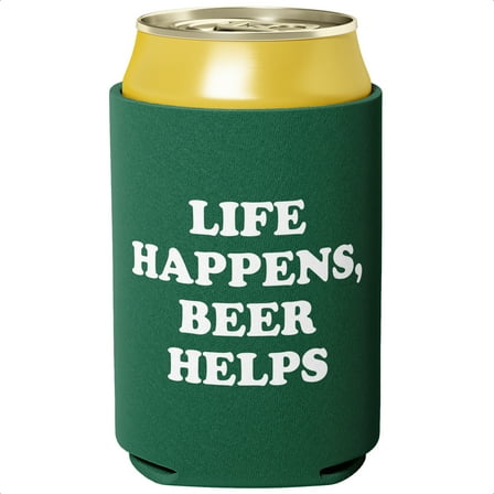 Eucatus 12 oz Green Waterproof 'Life Happens, Beer Helps' Funny Can Cooler, 1 Pack