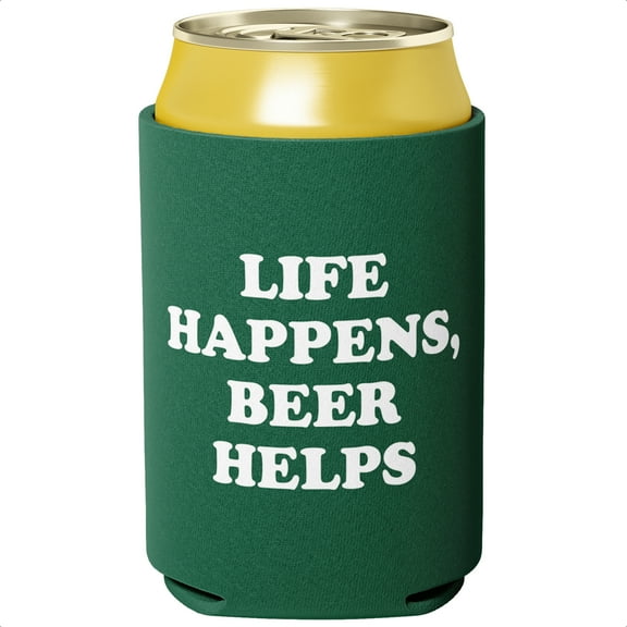 Eucatus 12 oz Green Waterproof 'Life Happens, Beer Helps' Funny Can Cooler, 1 Pack
