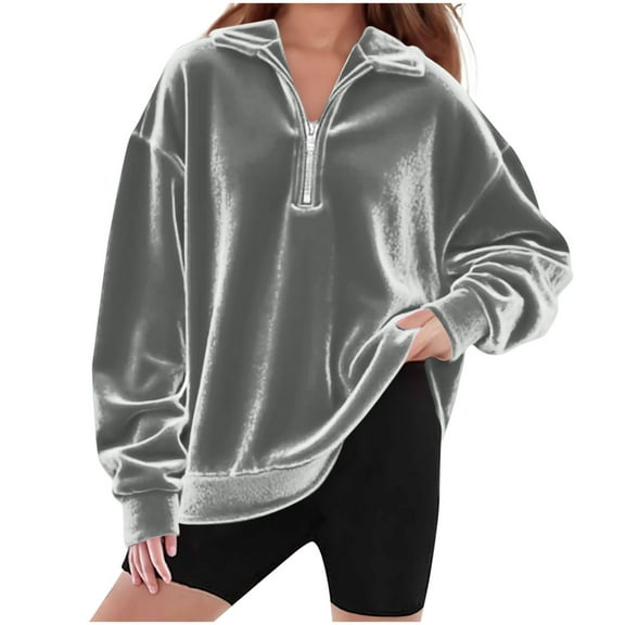 QQAMB Sweatshirt for Girls Velvet 1/4 Zipper Comfy Turndown Collar Long Sleeve Drop Shoulder Pullover Sweater Tops,8 Years