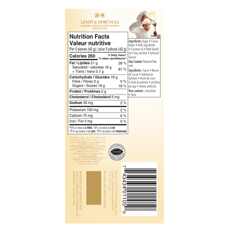 Lindt LINDOR White Chocolate Bar, 100 Grams, 100g Chocolate Tablets