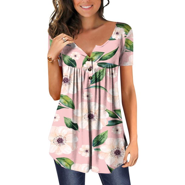 ICHUANYI Clearance Womens Casual Tops V- Neck Hide Belly Short Sleeve T- Cute Flowy Tunic Blouses(Pink, XL) ICHUANYI WER2023081002933