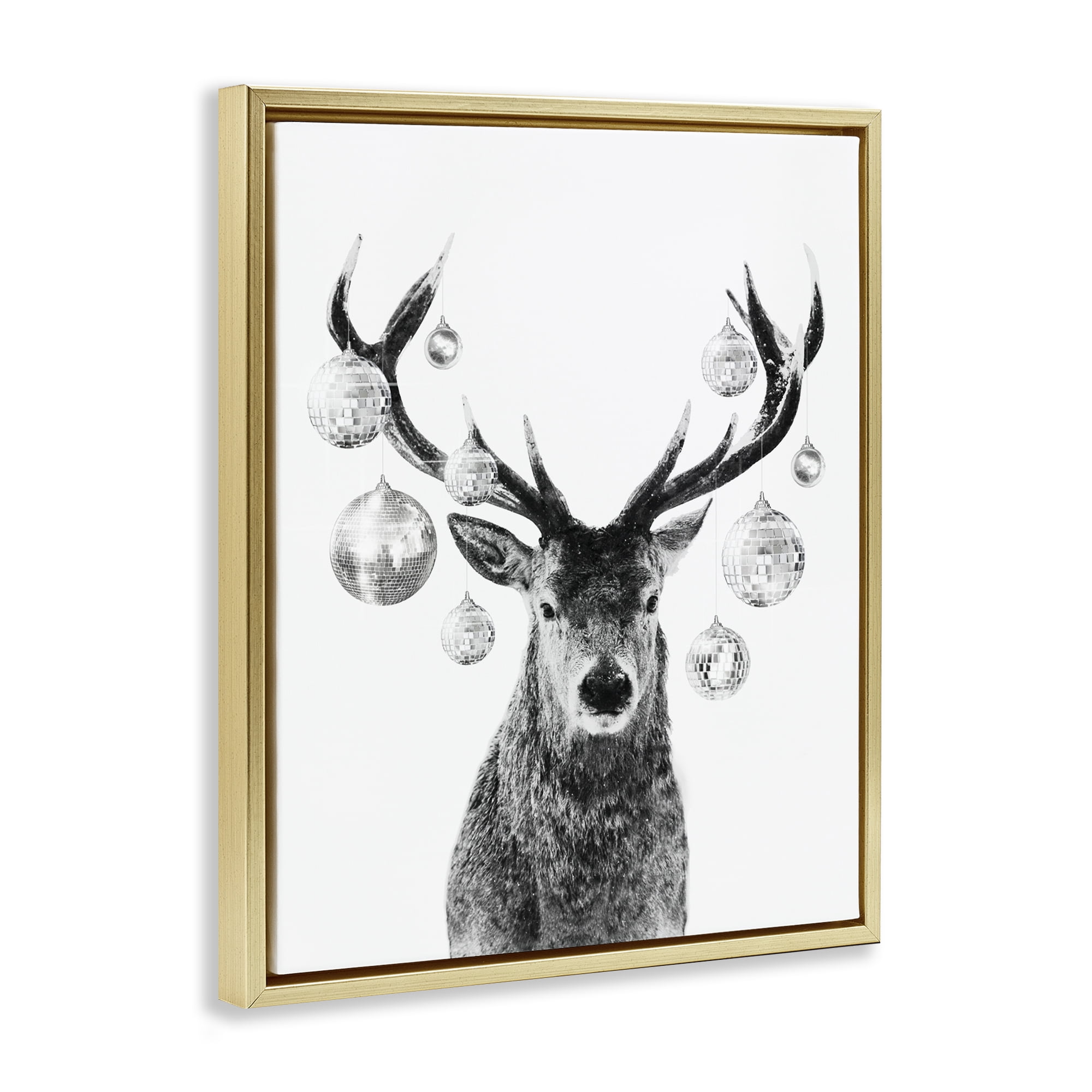 Stupell Industries Deer with Disco Balls Animals & Insects Painting Gold Floater Framed Canvas Art Print Wall Art, 25 x 31