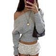 thumbnail image 2 of Women'S Cropped Sweaters Long Sleeve Off the Shoulder Sweater Y2k Going Out Tops Gray M, 2 of 9