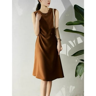 30mm Stretch Crepe De Chine Mulberry Silk High Waist Umbrella Dress Round Neck Sleeveless Dress Silk Dress